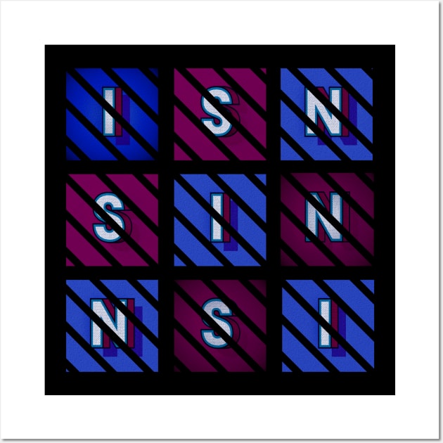 Sin - white letters in blue and red boxes, diagonal striped frame Wall Art by PopArtyParty
